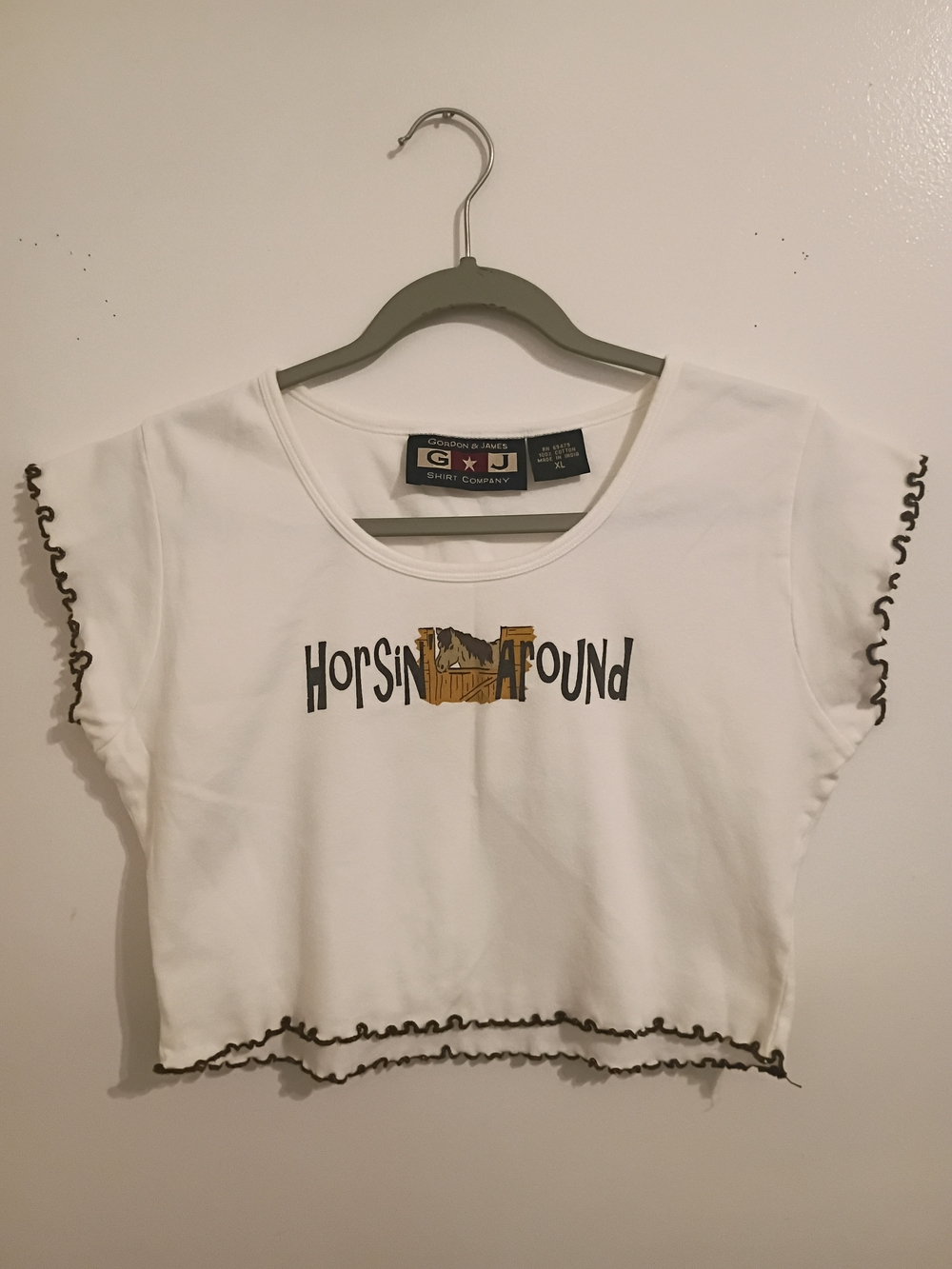 VTG Gordan & James 'Horsin Around' Graphic Lettuce-Edge Crop Tee Sz XL